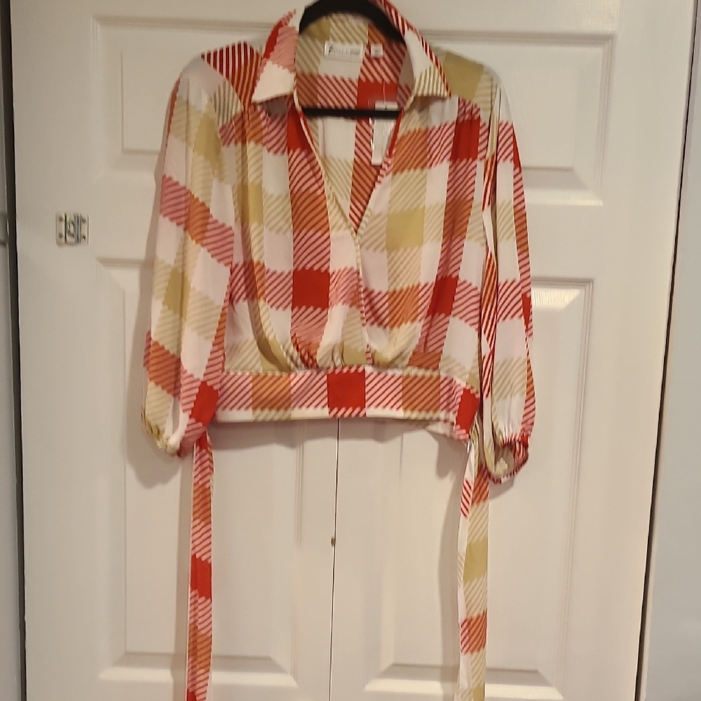 New York & Company Red and Yellow Plaid Blouse
